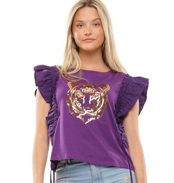Purple Tiger Ruffle Sleeve Shirt