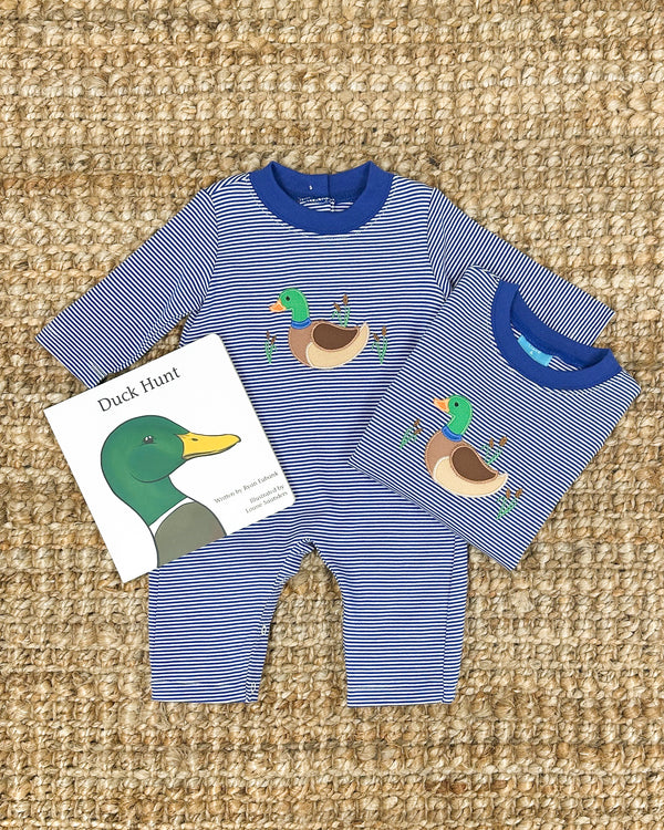 Mallard Duck Knit L/S Romper- Navy Stripe