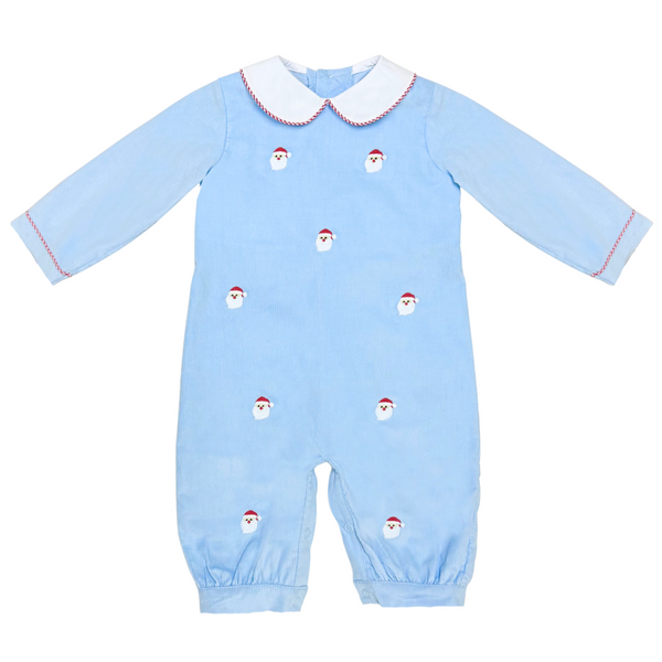 Santa Face Oliver Romper- Lt. Blue Corduroy