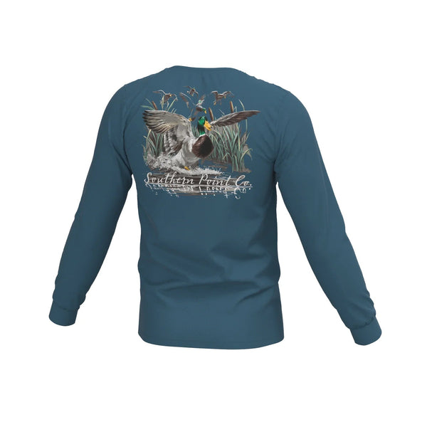 Youth Cupped Ducks LS Pocket Tee- Mallard Blue