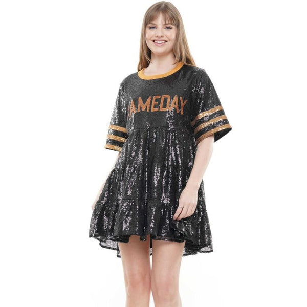 Game Day Baby Doll Sequin Dress- Black/Gold