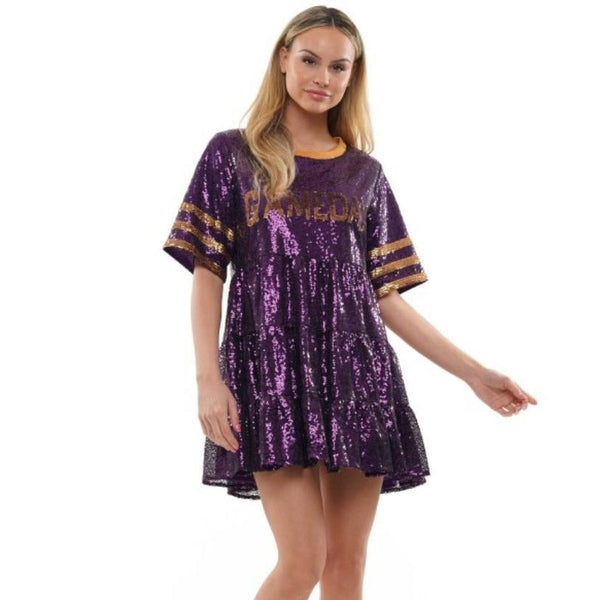 Game Day Baby Doll Sequin Dress- Purple/Gold