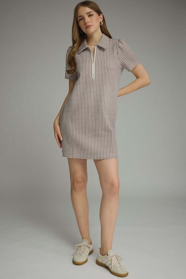 Gingham Print Puff Sleeve Dress- Brown