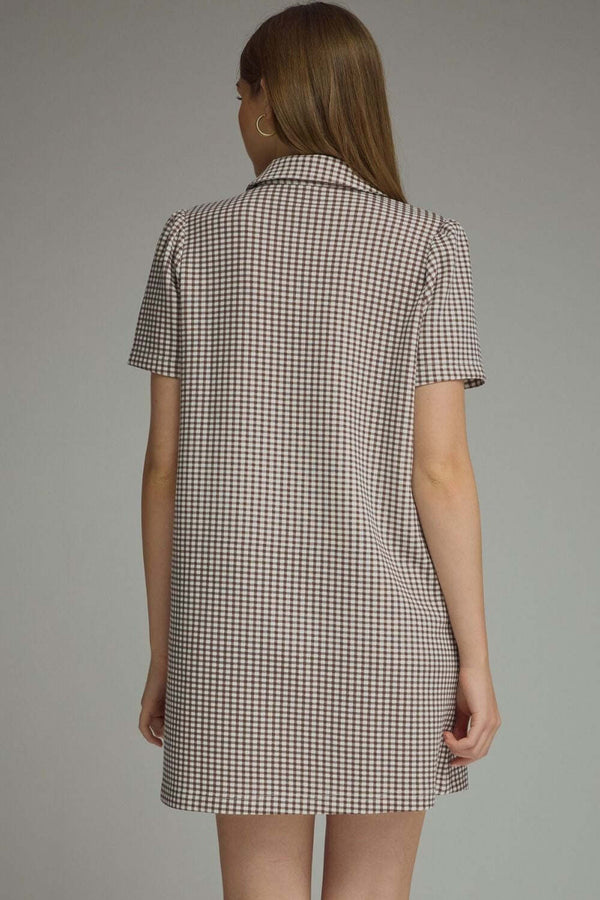 Gingham Print Puff Sleeve Dress- Brown