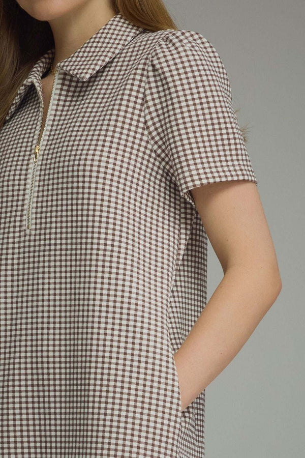 Gingham Print Puff Sleeve Dress- Brown