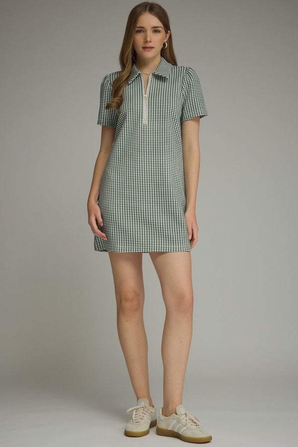 Gingham Print Puff Sleeve Dress- H. Green