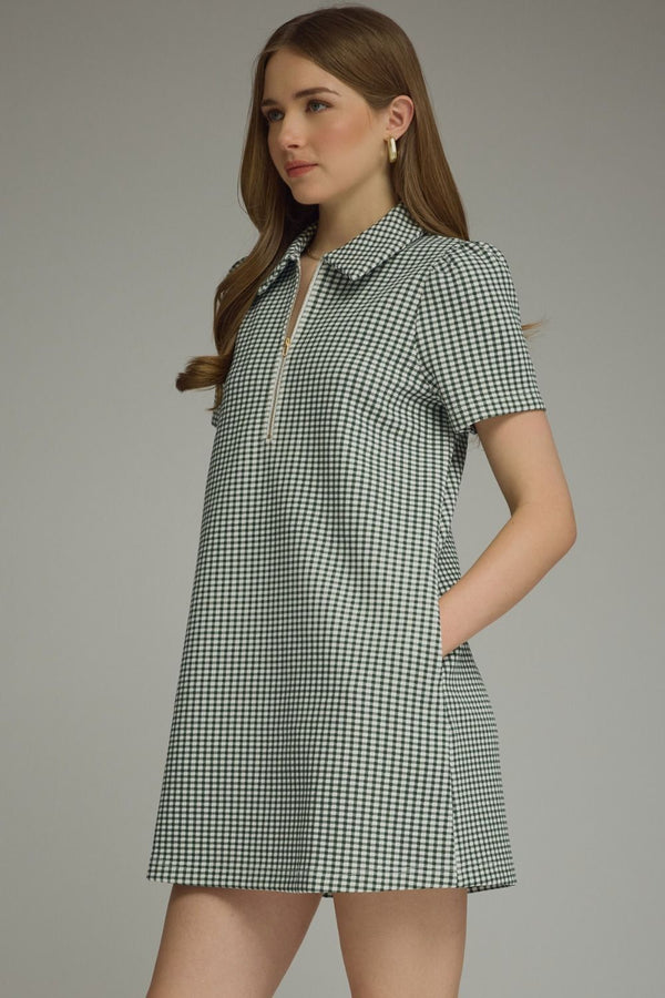 Gingham Print Puff Sleeve Dress- H. Green