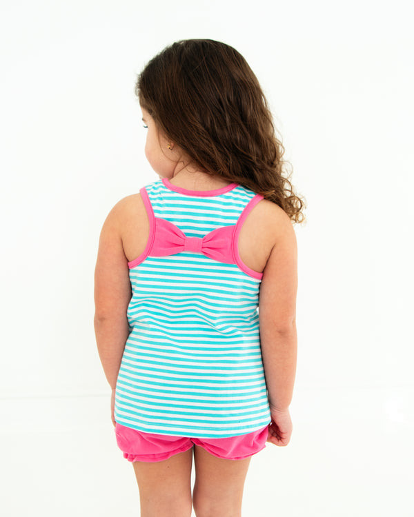 Abby Bow Back Bloomer Set- Aqua Stripe/Hot Pink