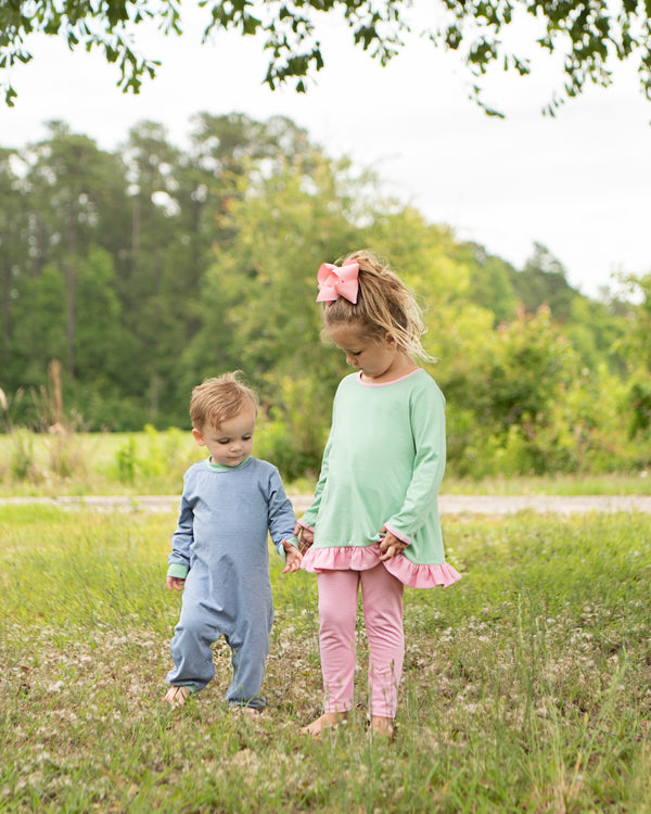 Thomas Romper- Sage & Dusty Blue Stripe