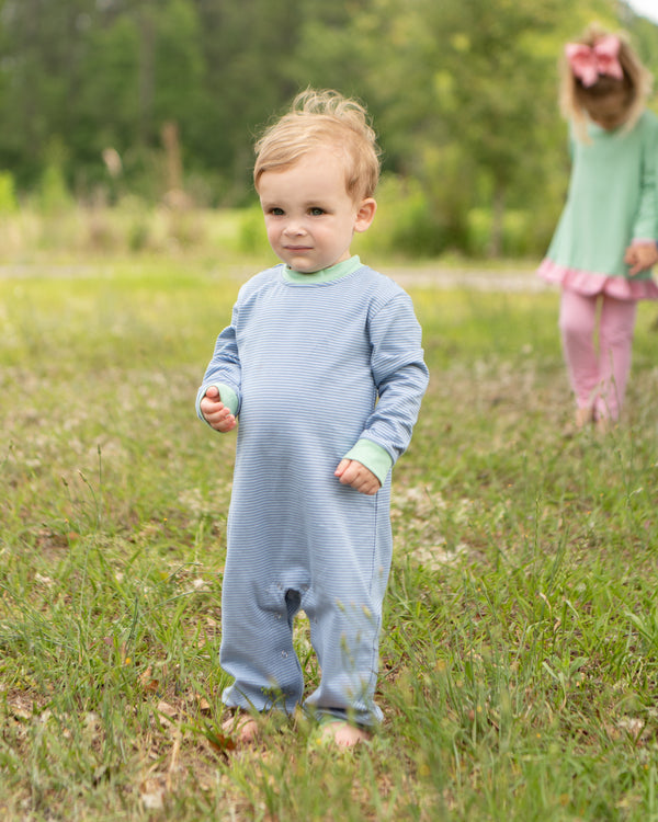 Thomas Romper- Sage & Dusty Blue Stripe
