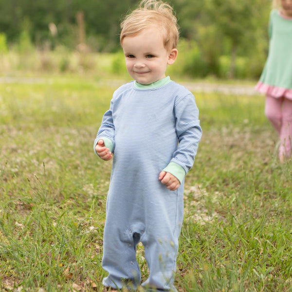Thomas Romper- Sage & Dusty Blue Stripe