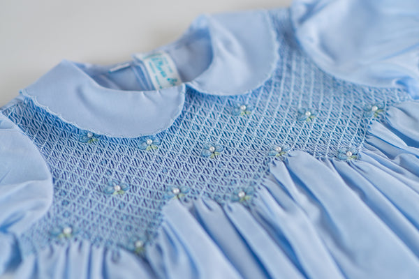 Scalloped Pearl Smocked Dress- Blue