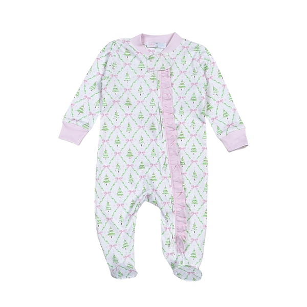 Christmas Tree Zipper Footie- Pink