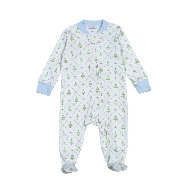 Christmas Tree Zipper Footie- Blue