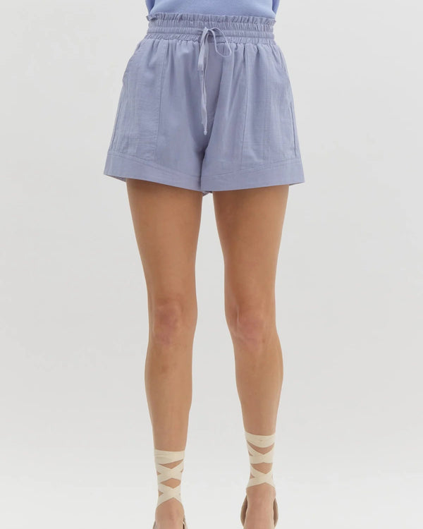Solid High-Waisted Shorts- Misty Blue