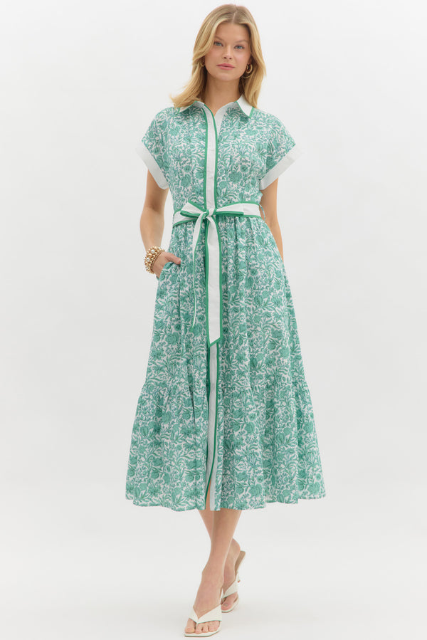 Collared Floral Print Dress- Green