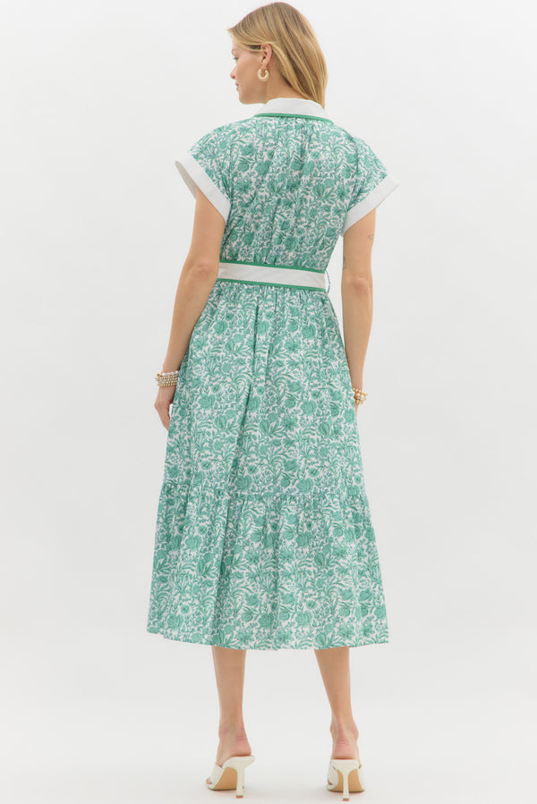 Collared Floral Print Dress- Green