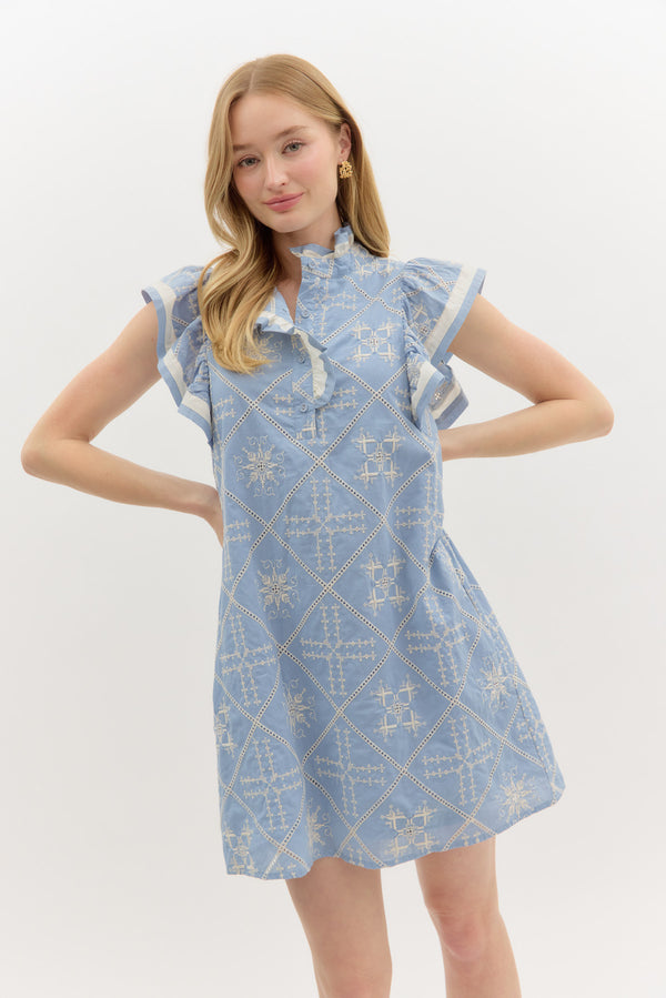 Flutter Sleeve Dress- Blue