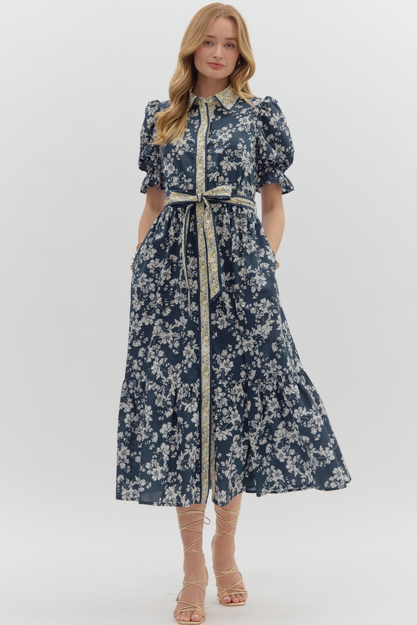 Collared Floral Print Dress- Navy Multi