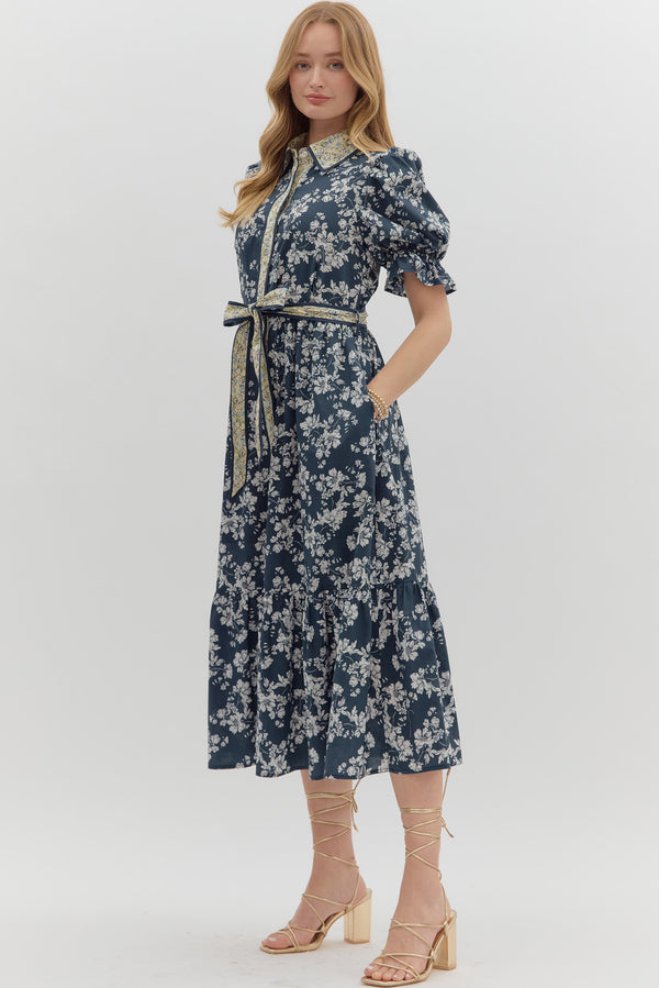 Collared Floral Print Dress- Navy Multi