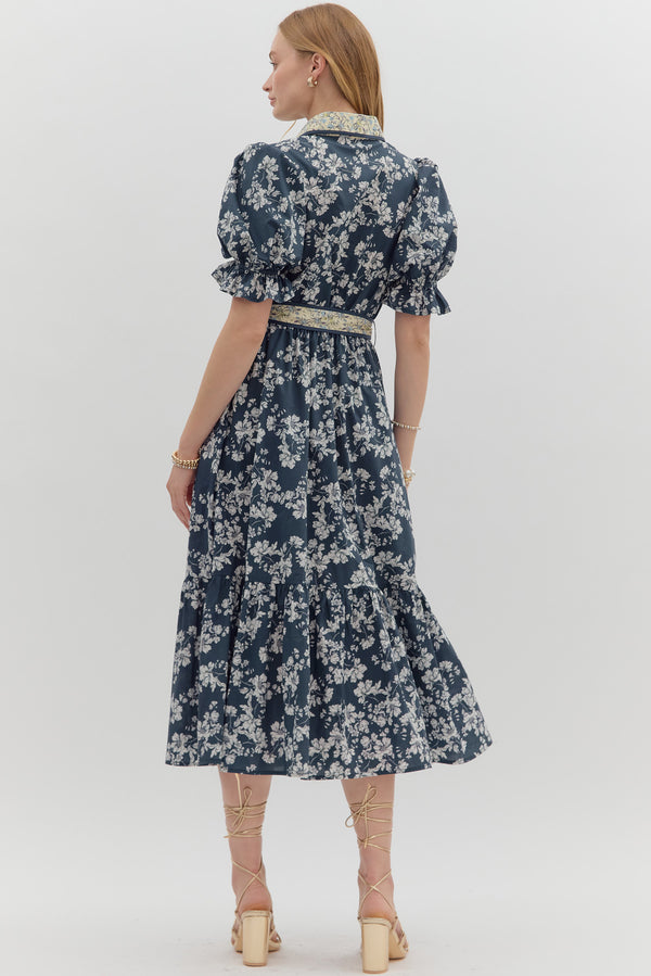 Collared Floral Print Dress- Navy Multi