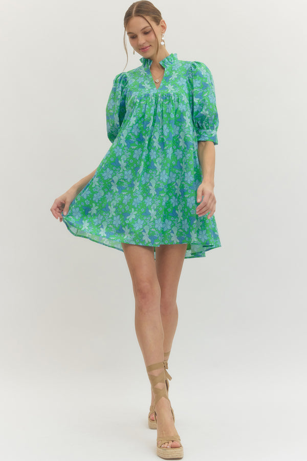 Floral Print Puff Sleeve Dress- Green
