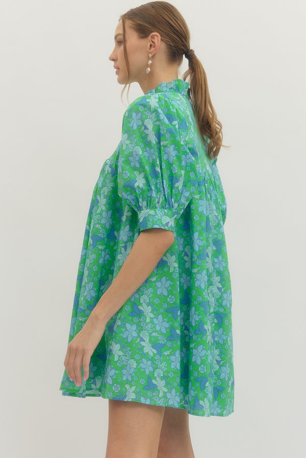 Floral Print Puff Sleeve Dress- Green