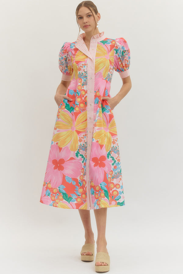 Floral Print Puff Sleeve Dress- Pink