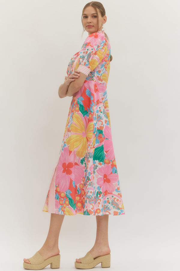 Floral Print Puff Sleeve Dress- Pink