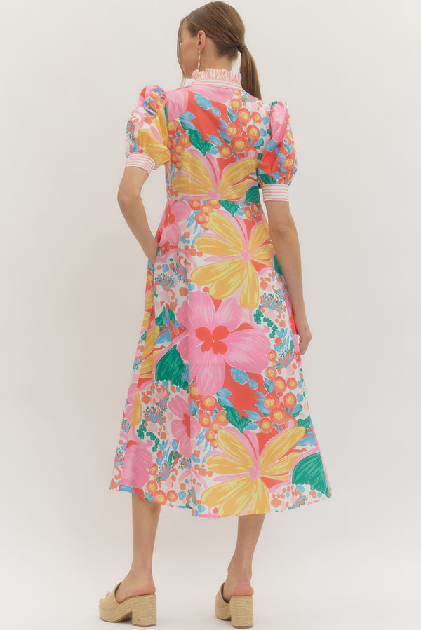 Floral Print Puff Sleeve Dress- Pink
