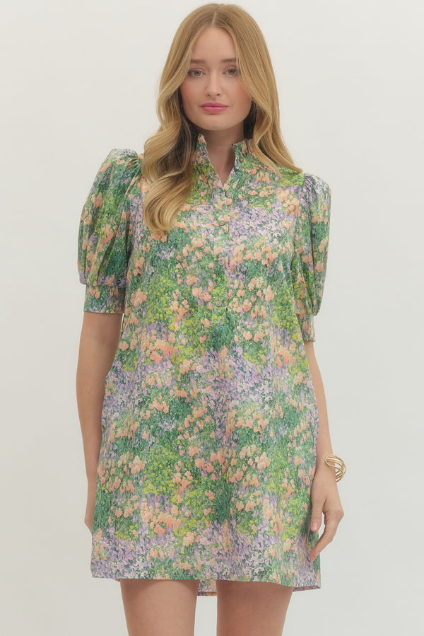 Floral Print Puff Sleeve Dress- Peach