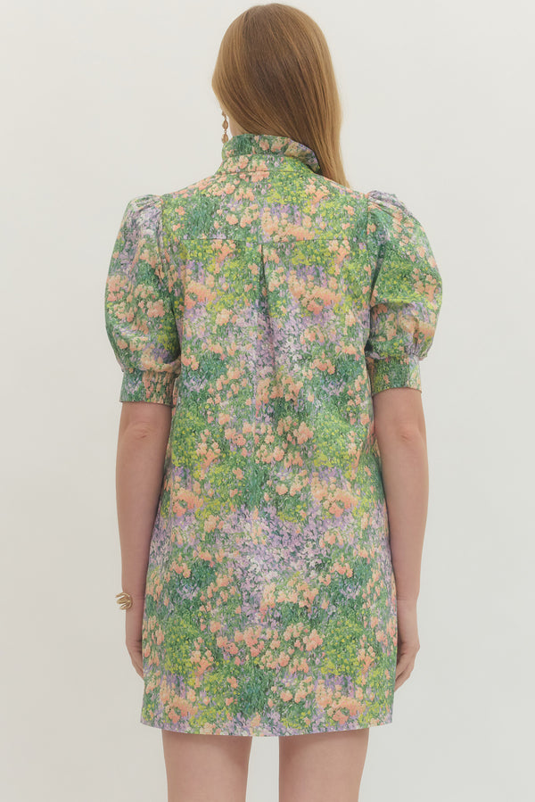 Floral Print Puff Sleeve Dress- Peach