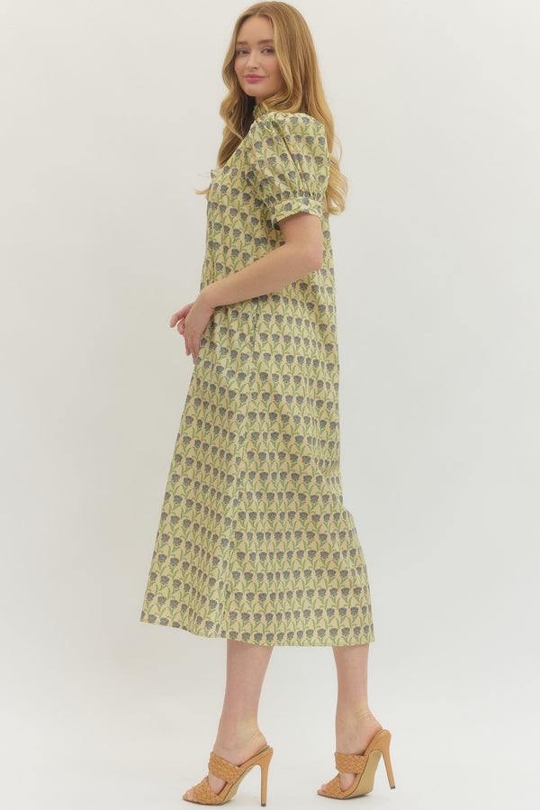 Floral Print Puff Sleeve Midi Dress- Ecru