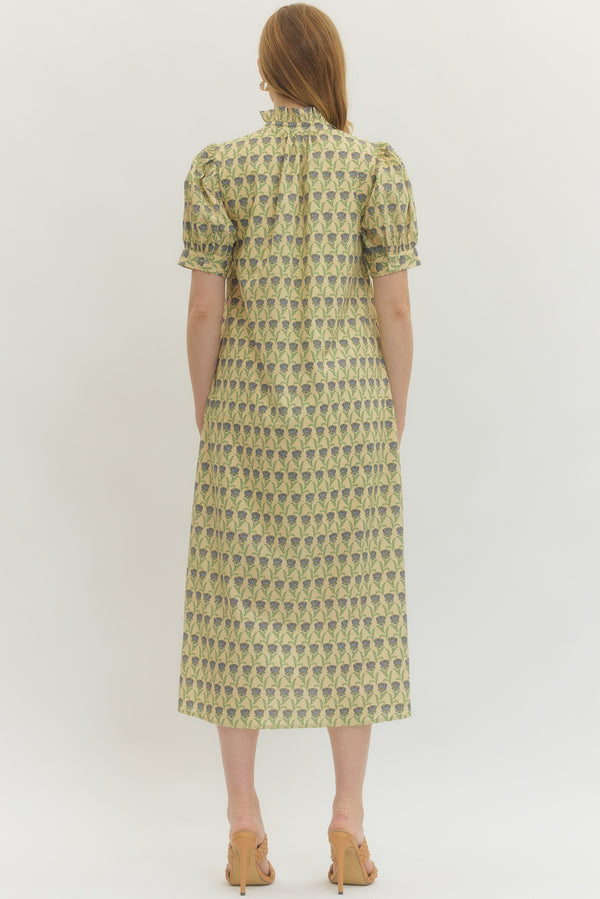 Floral Print Puff Sleeve Midi Dress- Ecru