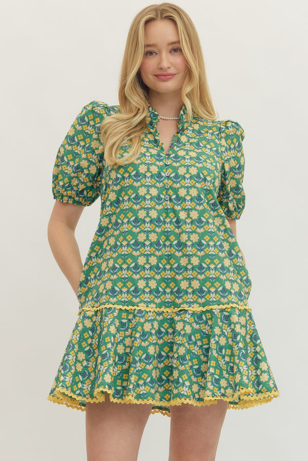 entro green dress Botanical Print Puff Sleeve Dress- Green Adult Small