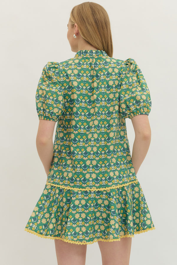 Botanical Print Puff Sleeve Dress- Green Adult Small Botanical Print Puff Sleeve Dress- Green Adult Small