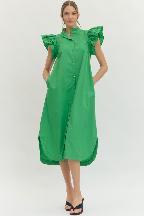 Solid Ruffle Button Up Dress- Green