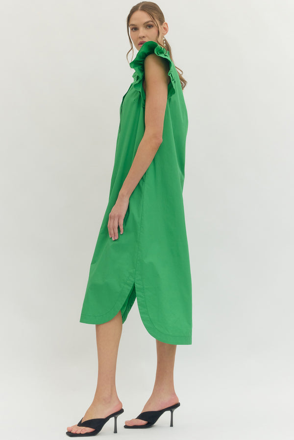 Solid Ruffle Button Up Dress- Green