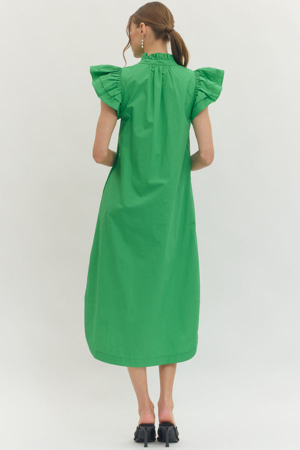 Solid Ruffle Button Up Dress- Green
