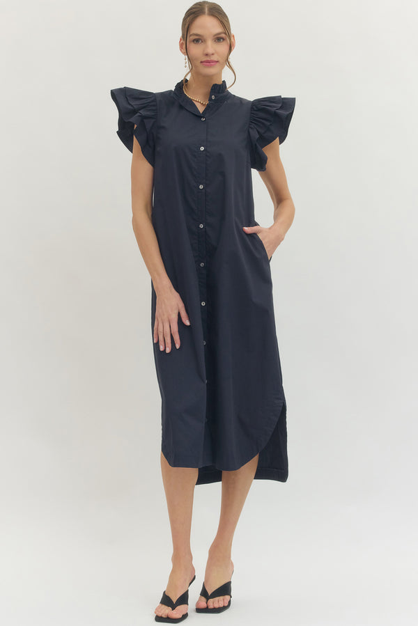 Solid Ruffle Button Up Dress- Navy