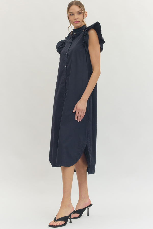 Solid Ruffle Button Up Dress- Navy