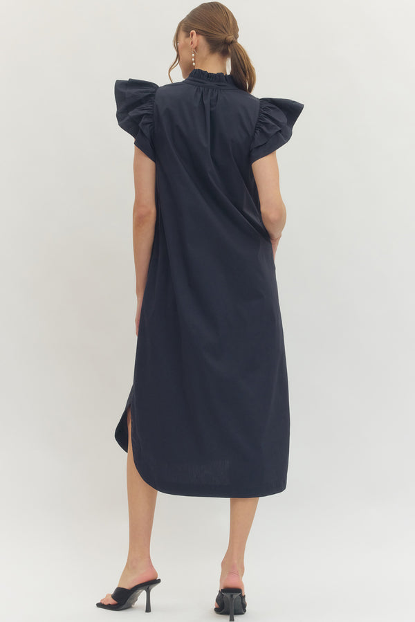 Solid Ruffle Button Up Dress- Navy