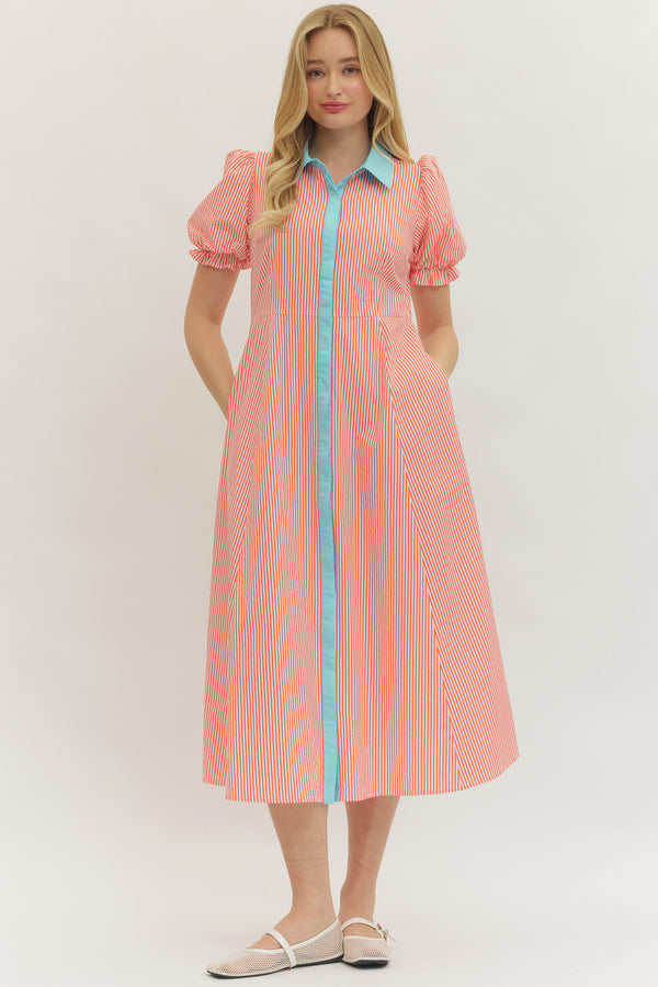Stripe Puff Sleeve Dress- Orange