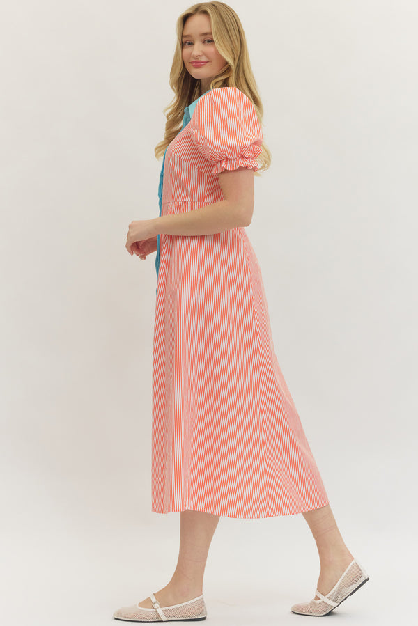 Stripe Puff Sleeve Dress- Orange