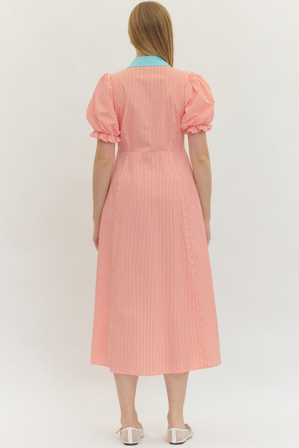 Stripe Puff Sleeve Dress- Orange