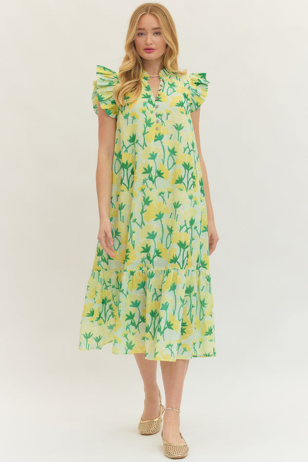 Floral Ruffle Dress- Green Combo