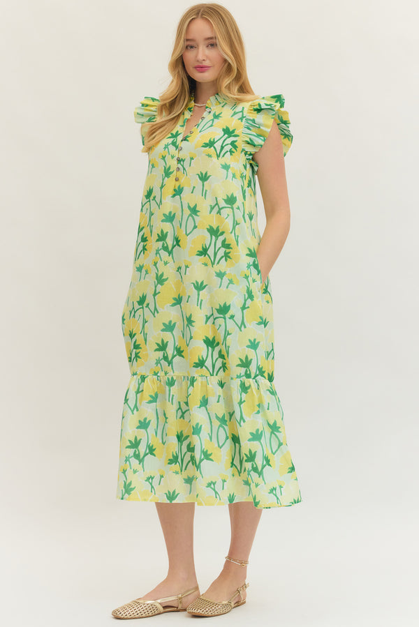 Floral Ruffle Dress- Green Combo
