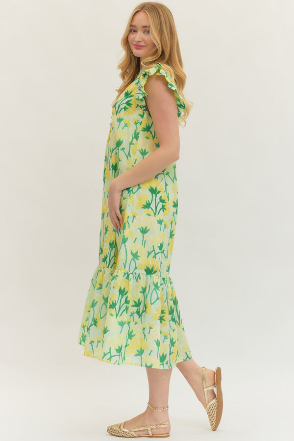 Floral Ruffle Dress- Green Combo