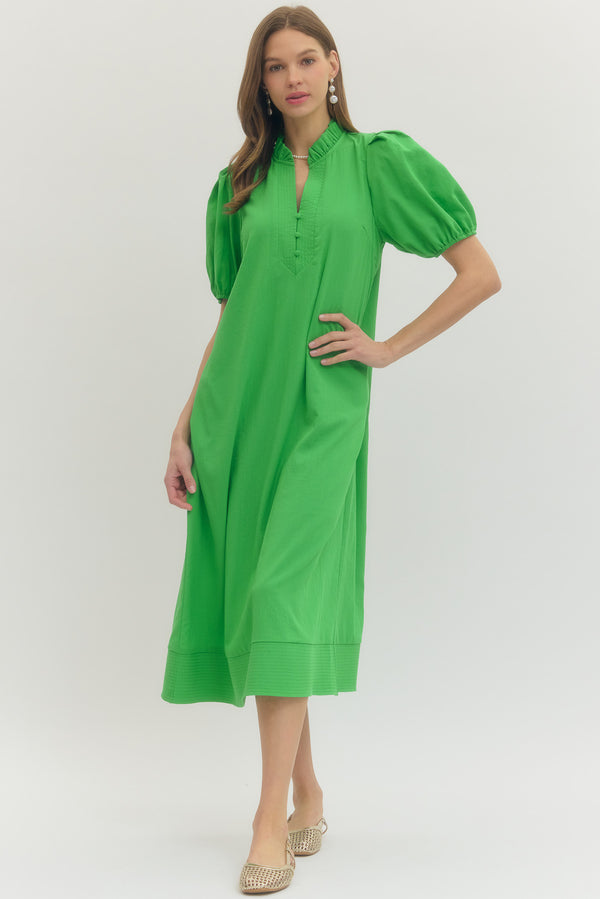 Puff Sleeve Midi Dress- Green