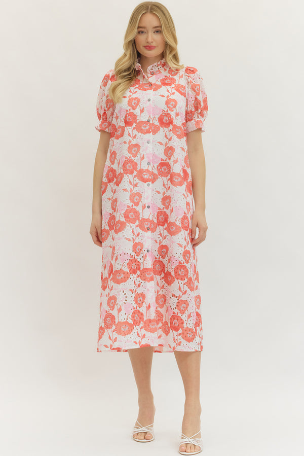Floral Puff Sleeves Dress- Red